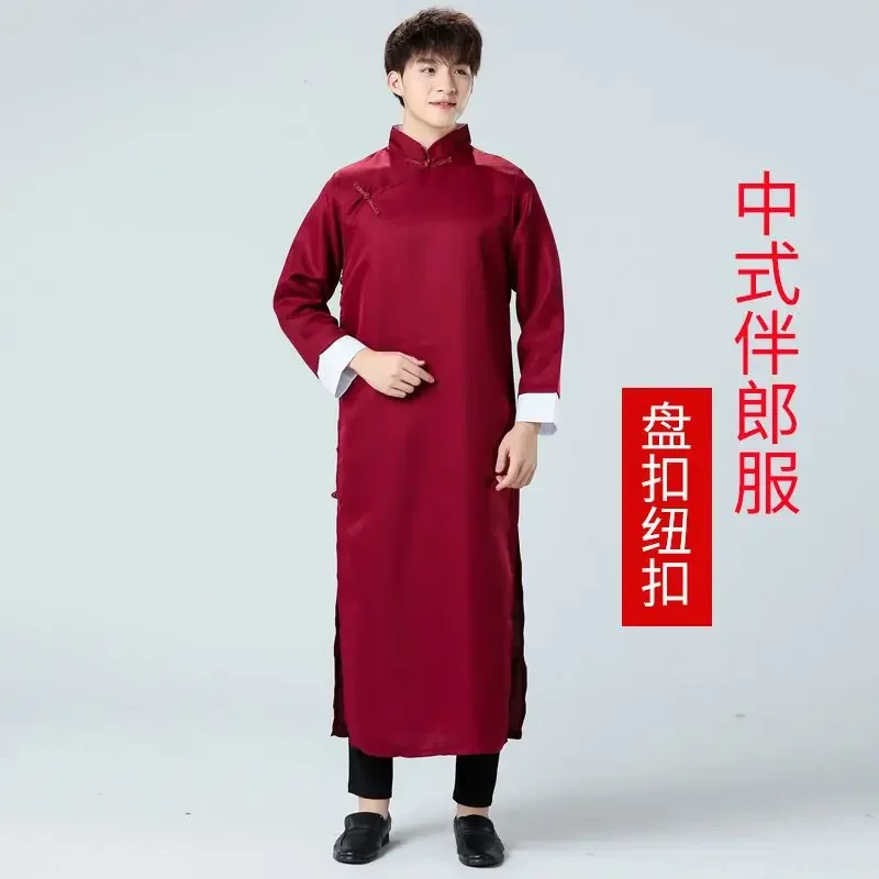 Red Cheongsam for Men Chinese Style Brothers Clothing Buttons Embroidered Slit Chinese Style Wedding Best Man Dress Tang Suit