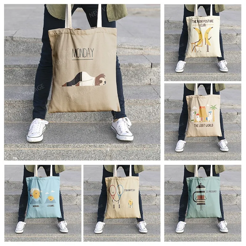 Canvas shoulder bag organization storage Handbags cosmetics travel Women\'s bag Shopping Fabric pouch cartoon kawaii grocerie