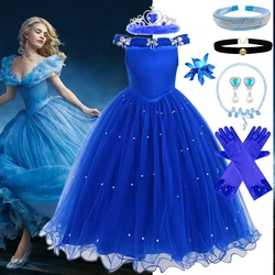 Luxury Cinderella Dress For Girl Off Shoulder Floor Length Gowns Children Disney Princess Theme Party Halloween Cosplay Outfits