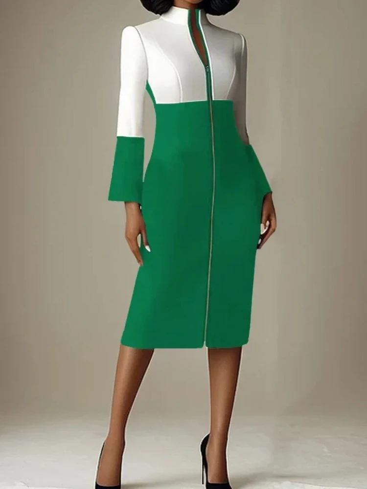 Modigirl Women's Black Bodycon Dresses 2024 Autumn Winter Contrast Color V-neck with Zipper Long Sleeves Formal Occasion Dresses
