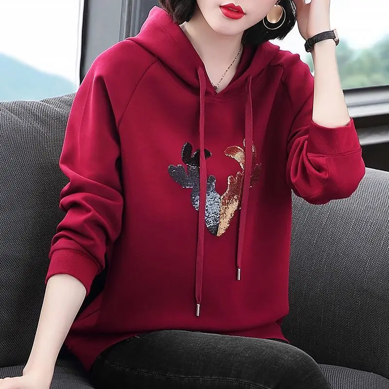 Women\'s Solid Color Hooded Drawstring Hoodies Spring and Autumn Thin Loose New Korean Printed Sequined Long Sleeve Pullover Tops