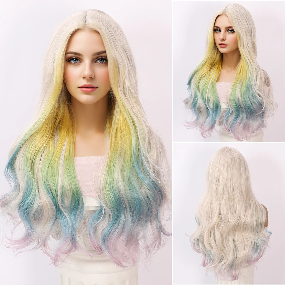 

Rainbow Gradient Highlight Dyed Curly Hair T-Shaped Lace Synthetic Fiber Party Wearing Cosplay Lolita Women's Wig