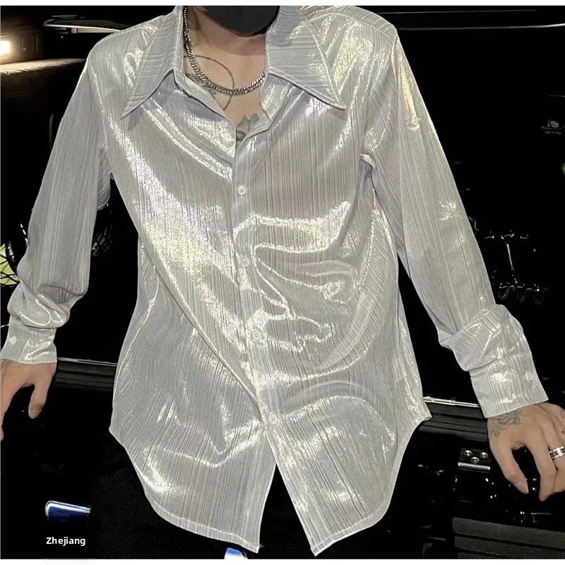 

Casual Silk Men's Shirt Trendy Brand Fashionable Cool Spring Long Sleeve Pocket Design Japanese Style Square Collar Open Card...