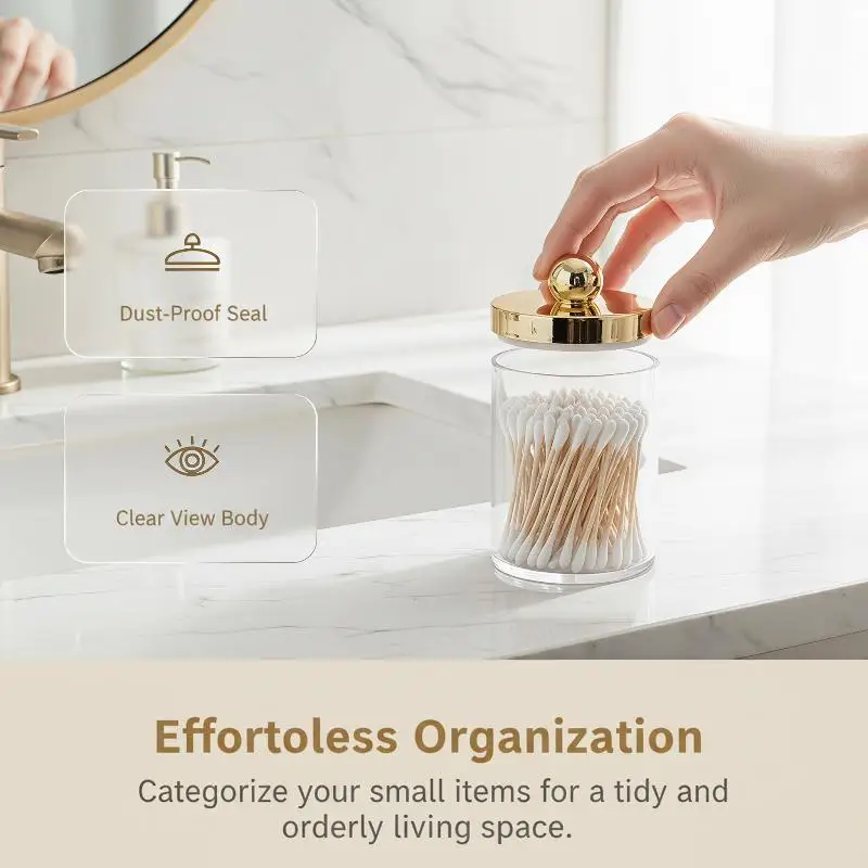 Luxury Gold Rim Qtip Holder Clear Acrylic Cotton Swab Ball Pad Storage Box Elegant Organizer for Bathroom Vanity Decor