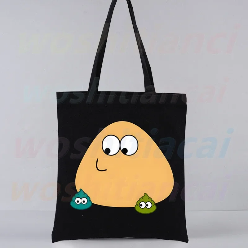 Hot Game My Pet Alien Pou Black Canvas Bag Casual Large Hand Bags For Women Ladies Shopping Handbag Print Large Capacity Bag