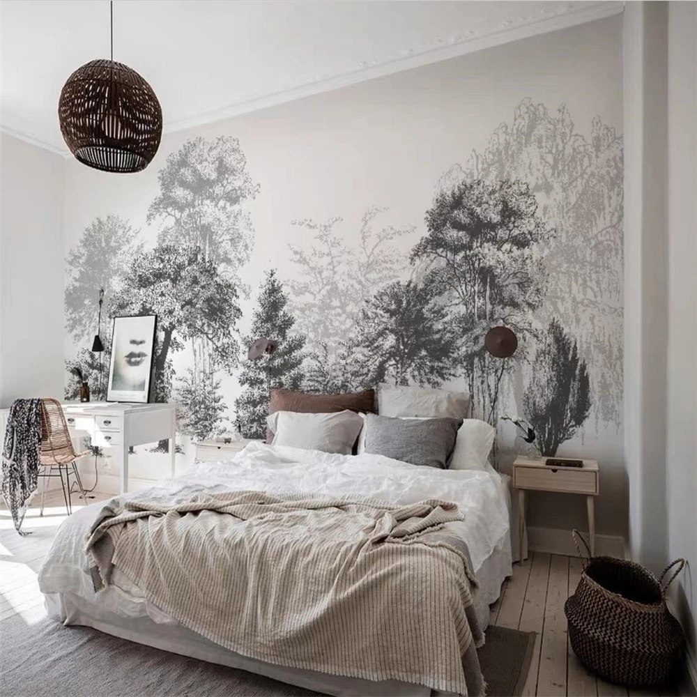 

ctstom Black and white forest wallpaper modern minimalist bedroom wallpapers tropical rainforest mural for living room Stickers