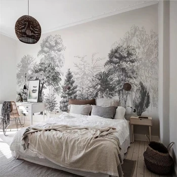 ctstom Schwarz-Weiß-Wald-Tapete, moderne, minimalistische Schlafzimmer-Tapeten, tropisches Regenwald-Wandbild für Wohnzimmer, Aufkleber