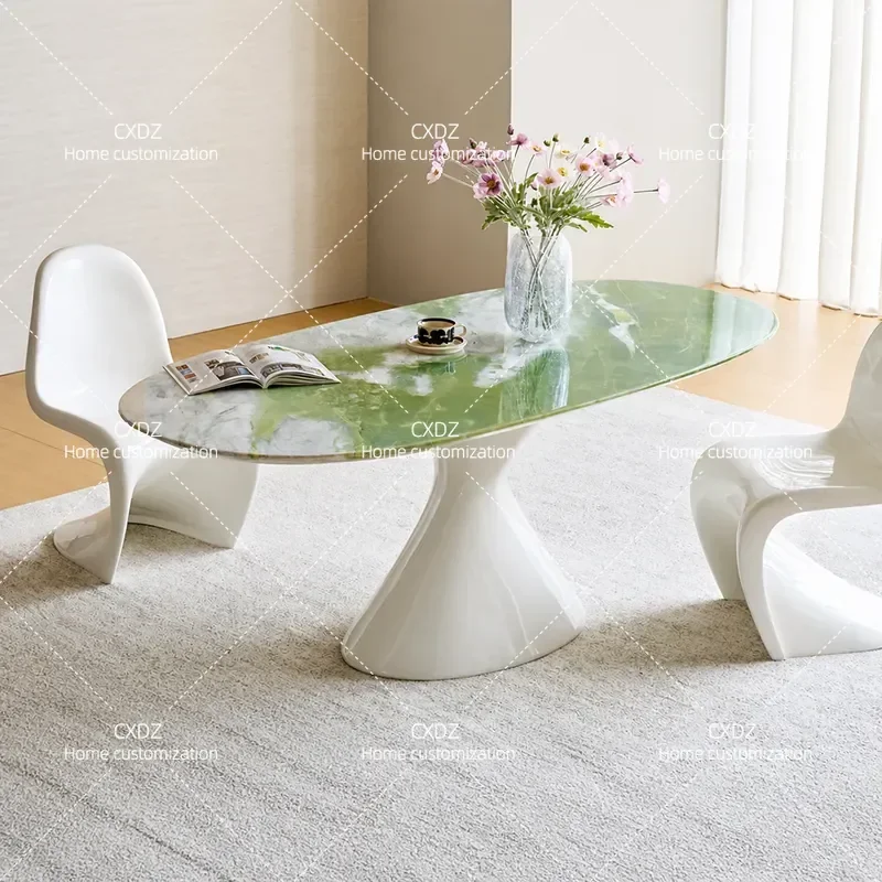 Cream Oval Dining Table Natural Luxury Stone Household Small Apartment High End Glacier Green Marble Dining Table