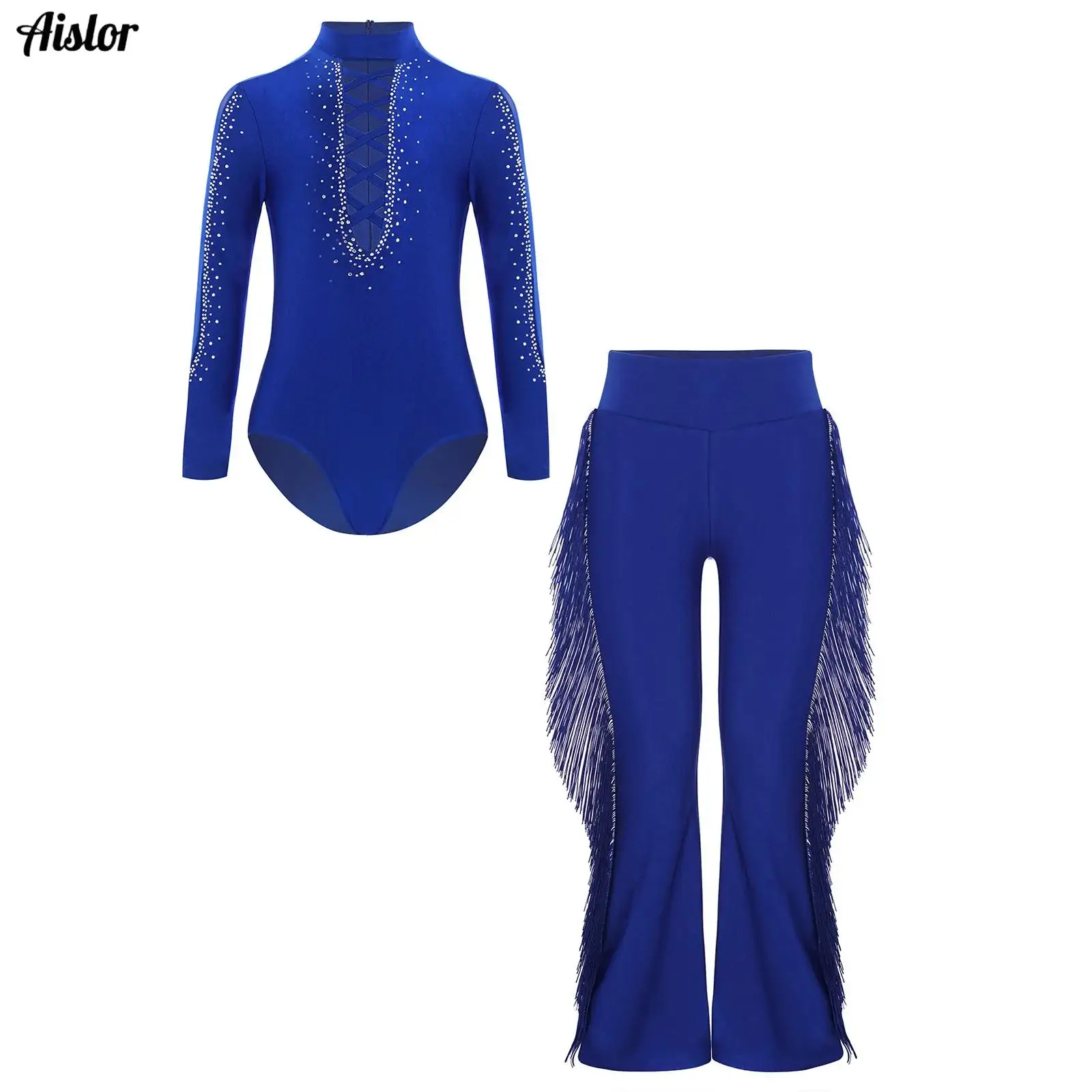 

Kids Boys Latin Dance Costume Mesh Patchwork Long Sleeve Glittery Rhinestones Leotard+Tassels Bell-Bottom Pants Skater Ballroom