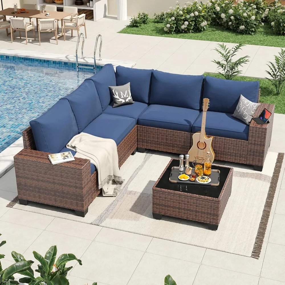 

6 Pieces Patio Furniture Set Wicker Rattan Outdoor Sectional Conversation Set with Coffee Table and 4” Thickened Cushions, Blue