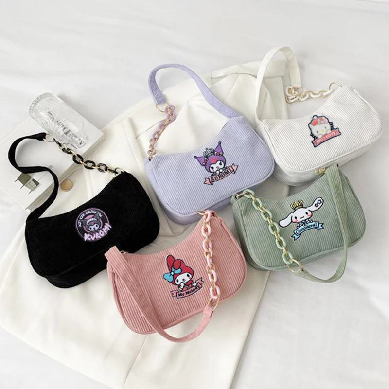 Sanrios Kuromi Mymelody Cinnamoroll kawaii Anime Corduroy Fashion Shoulder Messenger Bag Retro Underarm Bag Cartoon Handbag