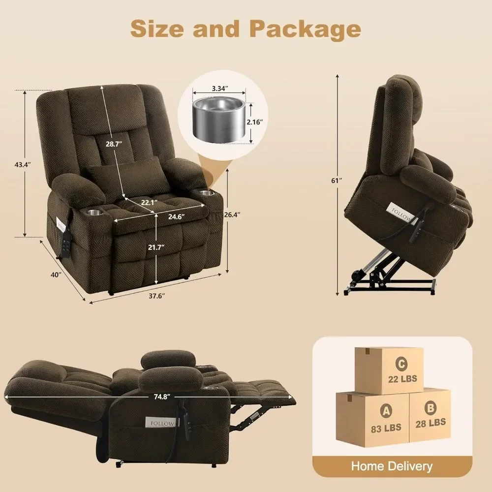 

Infinite Position Power Lift Recliner Chair for Elderly, Oversized Thick Lay Flat Chair with Massage and Heat, USB Charge Por