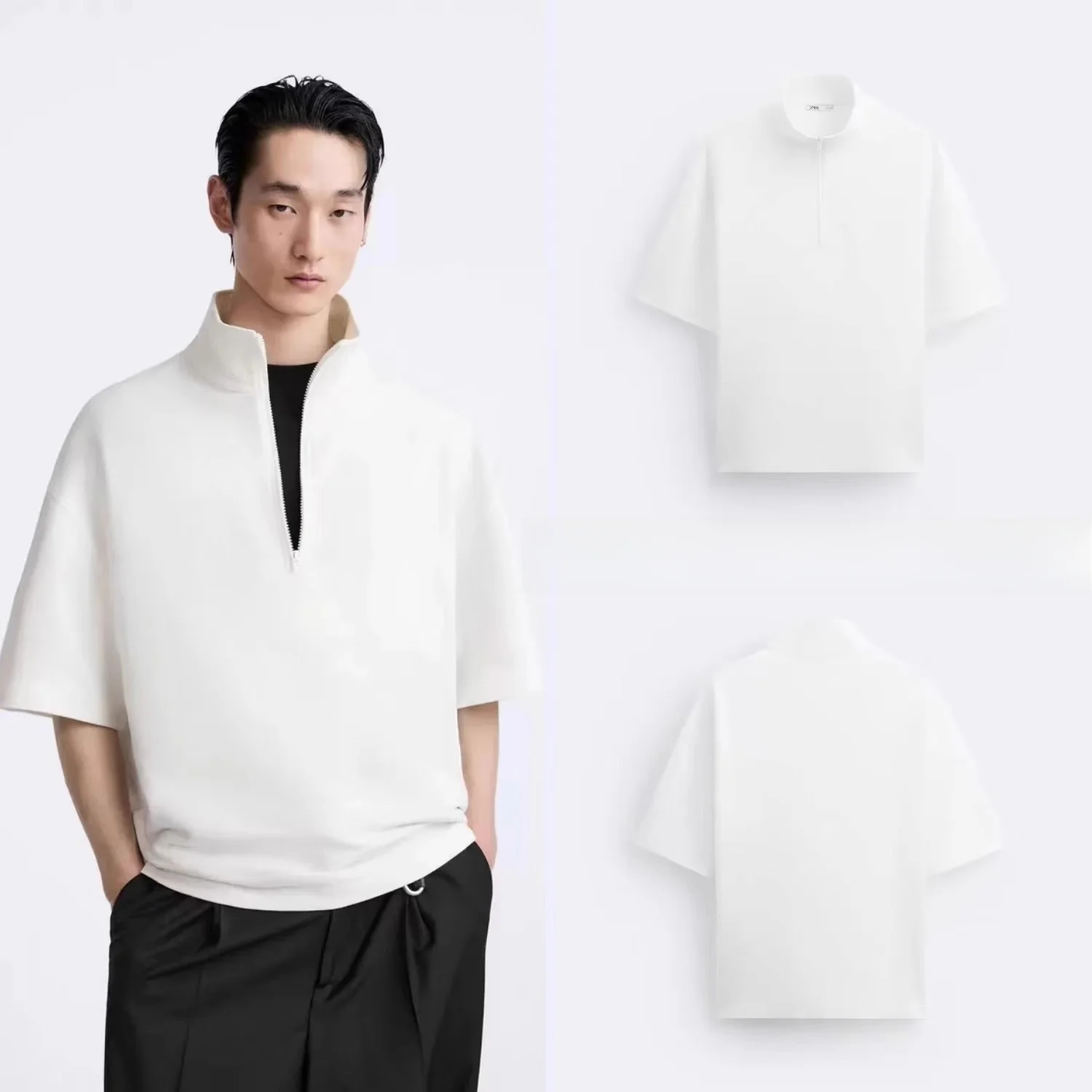 

New Summer Men's Faion Versatile f Zipper Stand Collar ort Sve Sweatirt T-irt irt Top Straight Cut Autumn