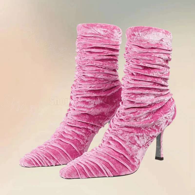 

Rose Red Corduroy Pointed Toe Mid Calf Boots Slip On Women Shoes Thin High Heels Fashion Party Dating 2025 Zapatos Para Mujere