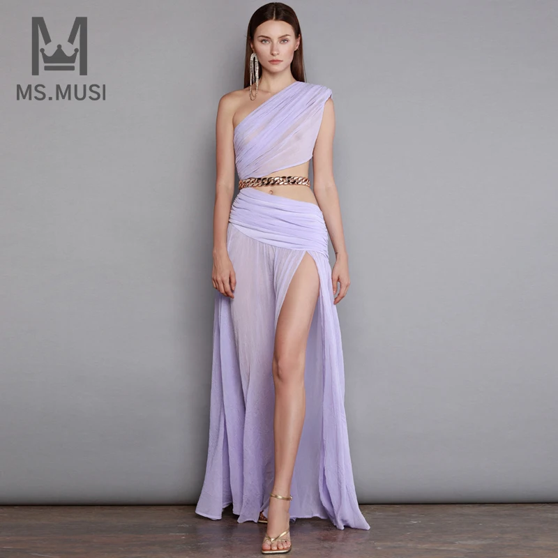

MSMUSI 2023 New Fashion Women Sexy One Shoulder Lace Mesh Chain Belt Sleeveless Slit Bodycon Party Club Maxi Dress Long Gown
