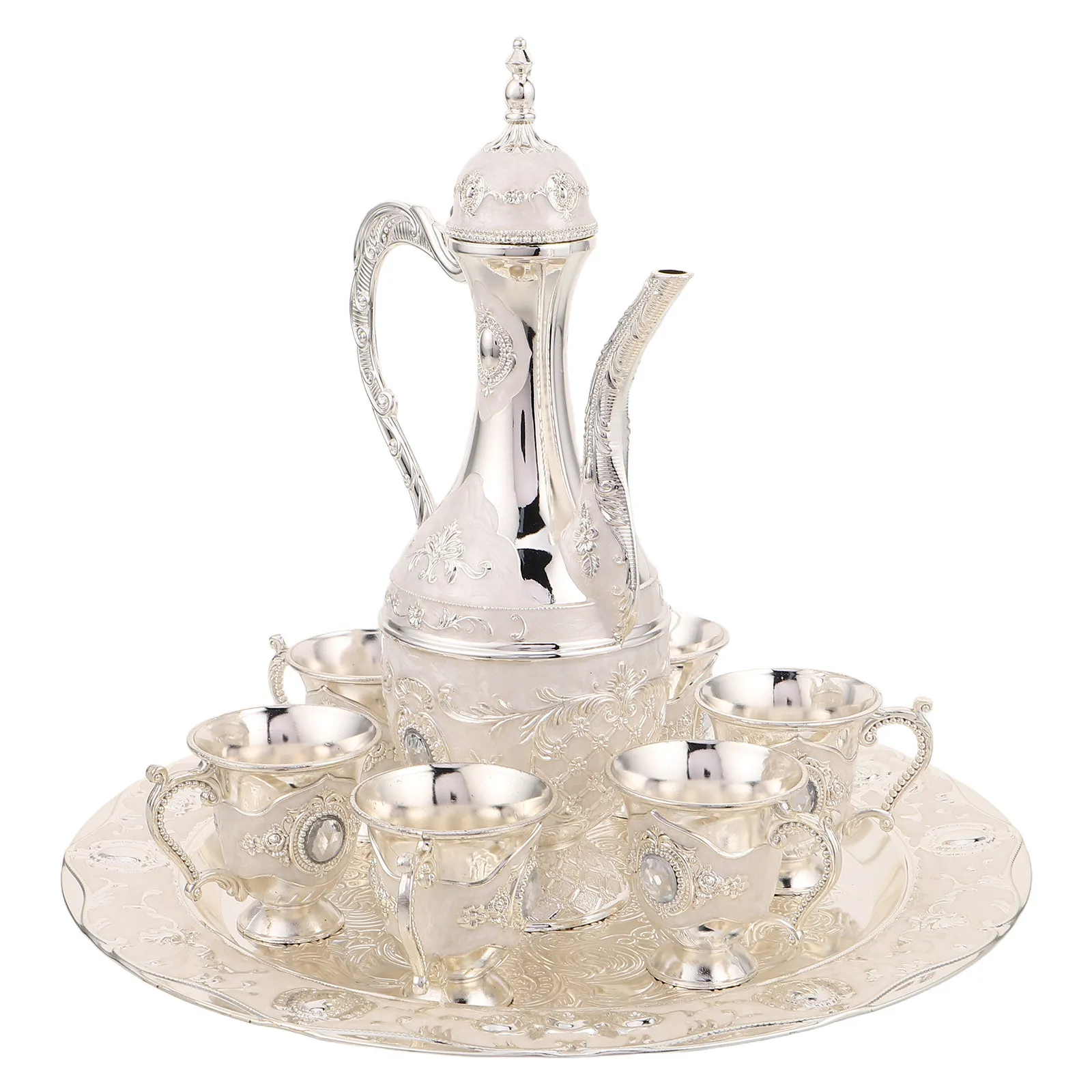 

1Set Vintage Turkish Coffee Cup Set with Pot and Tray Zinc Alloy Stove Top Coffee Pot for Gas Induction Compatible Home Tea Set