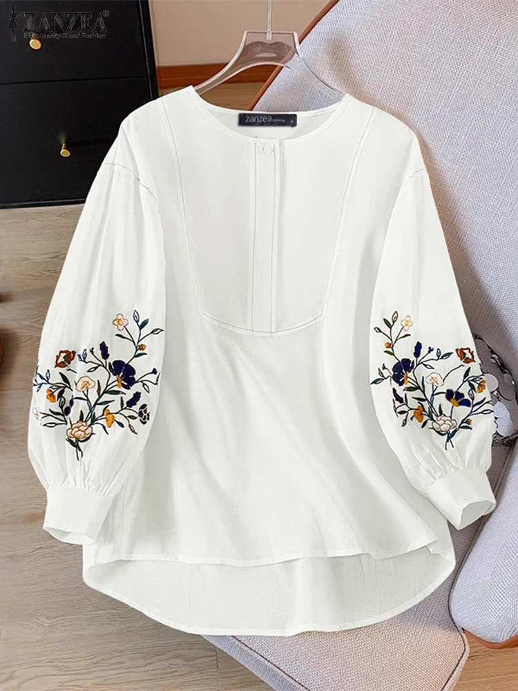 

ZANZEA Women Blouse 2025 Autumn Shirts Fashion 3/4 Puff Sleeve Floral Print Tunic Tops Casual O-Neck Button Loose Vintage Blusas