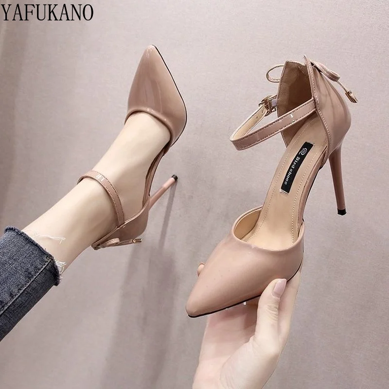 9Cm Sexy Patent Leather Stiletto High Heels Temperament Mid Hollow Women Shoes Pointed Toe Shallow Mouth Bow Word Buckle Pumps