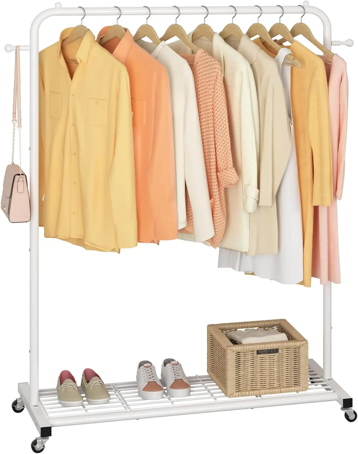 

Clothing Rack on Wheels with Mesh Storage Shelf & Sturdy Metal Frame, Rolling Garment Rack for Hanging Clothes, Coats, Skirts