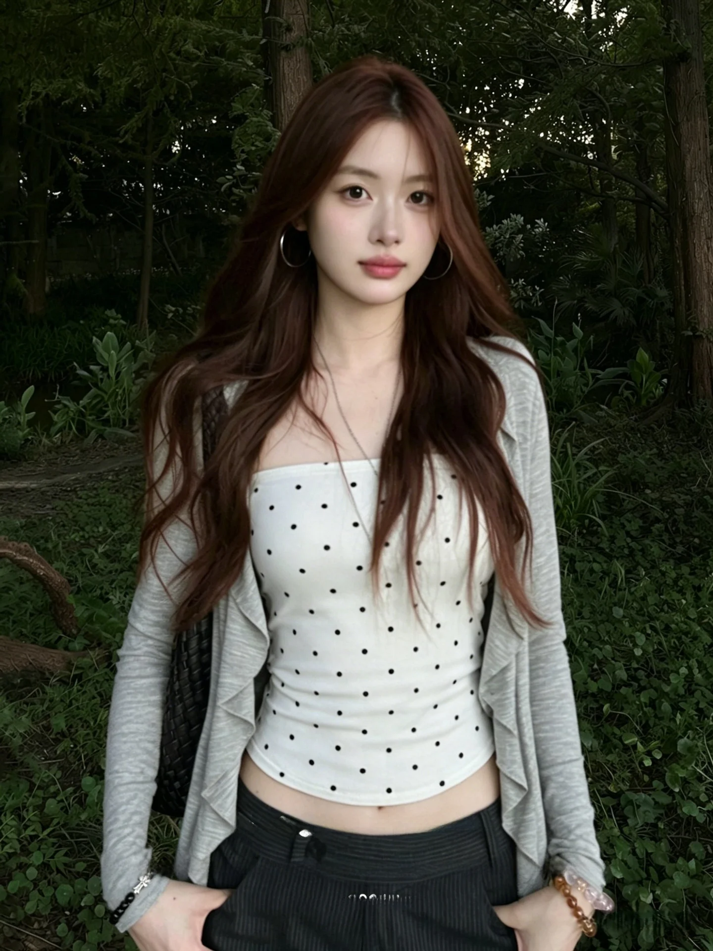 Gray Long Sleeve Open Cardigan Women's Summer Sun Protection Polka Dot Tube Top Vest Top Two Piece Set Casual Style Spring Wear