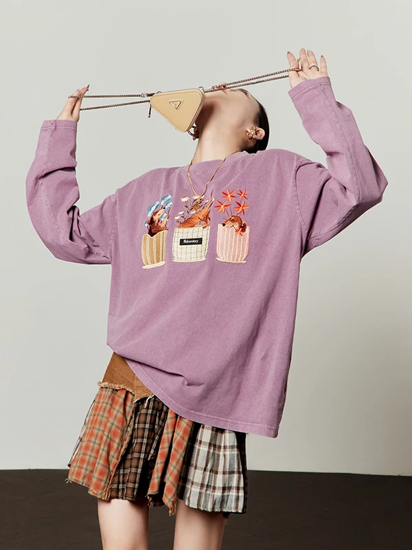 

Loose Long Sleeve Purple T-Shirt Women's Spring 2026 New Style Casual Comfortable Flower Dog Pattern Short Length round Neck