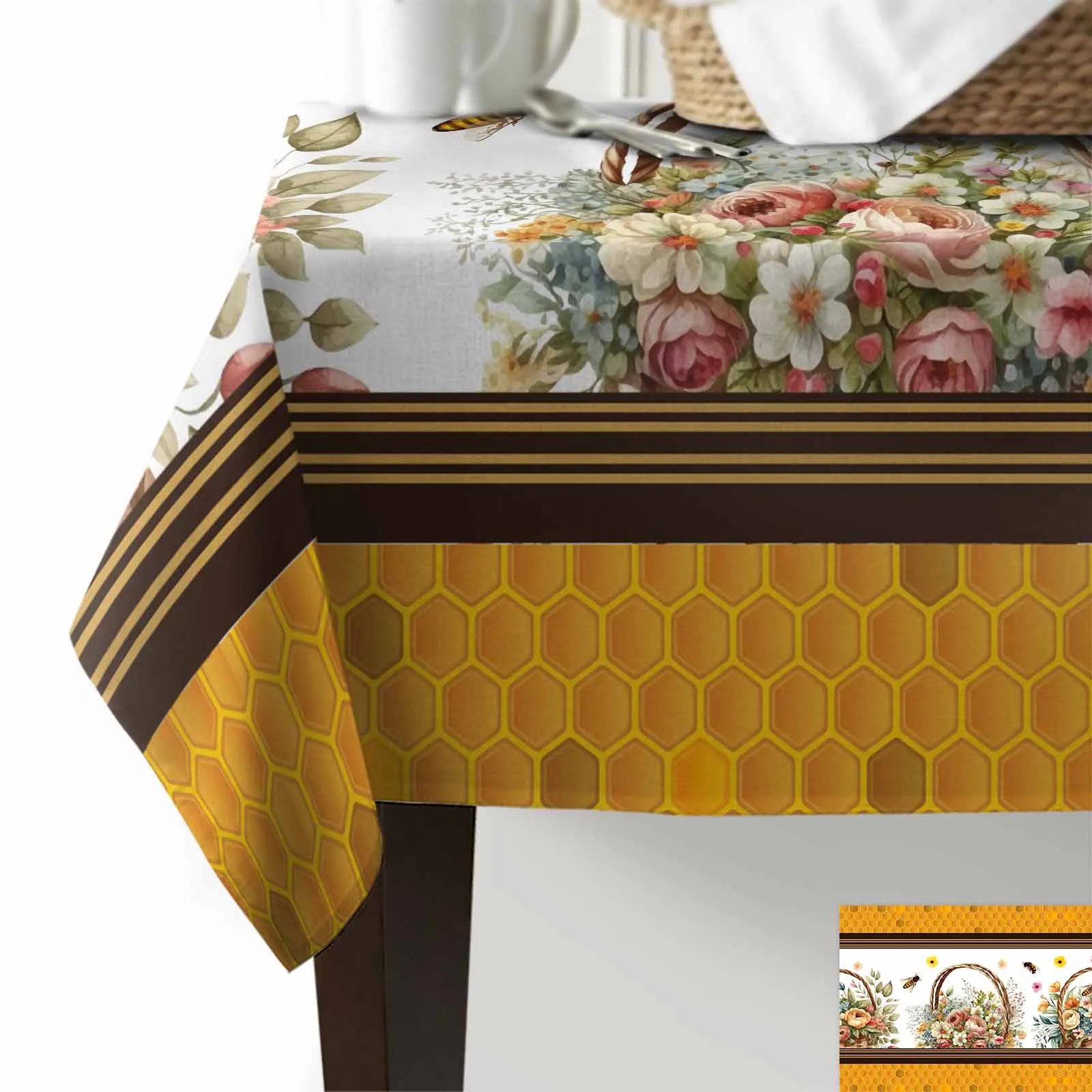 Flower Basket Bee Watercolor Honeycomb Anti-scalding Waterproof Tablecloth Rectangular Round Table Cover Kitchen Furnishings