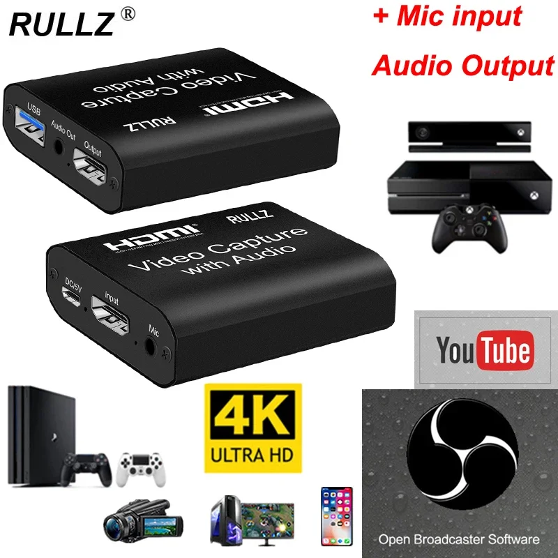 

4K HDMI Video Capture Card 3.5mm Audio Output Mic In Loop Game Recording Box 1080P USB 2.0 3.0 PC Live Streaming Broadcast Plate