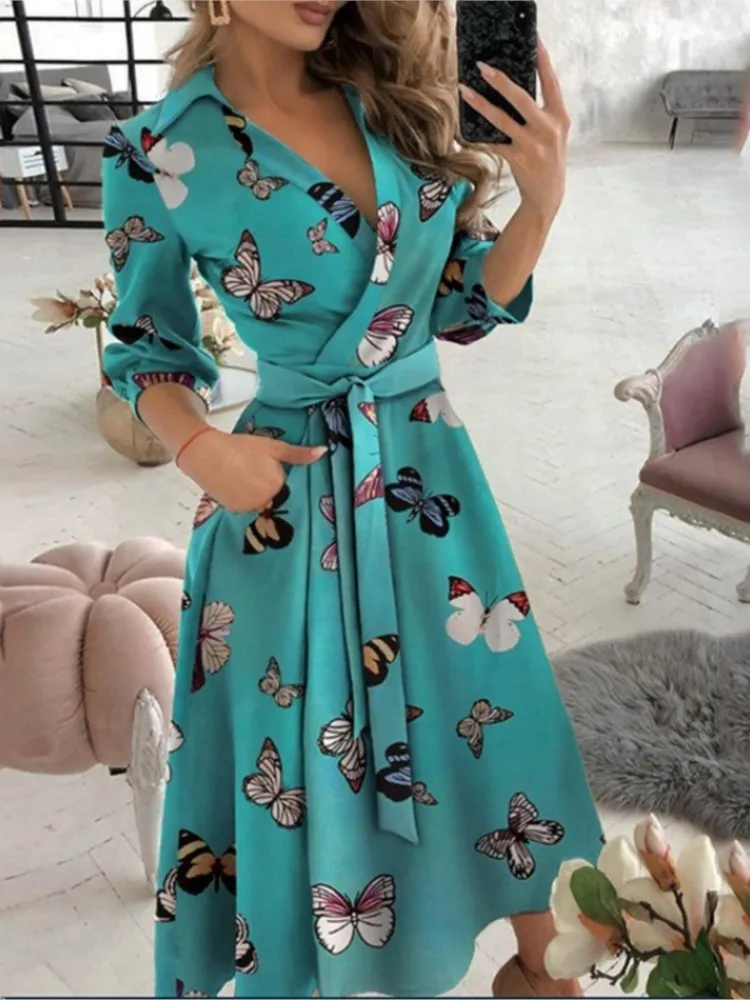 

Women's Spring Autumn New Fashion Elegant Commuter Print V-neck Lace Up Dresses Woman Long Sleeve Slim Fit Mid Length Dresses