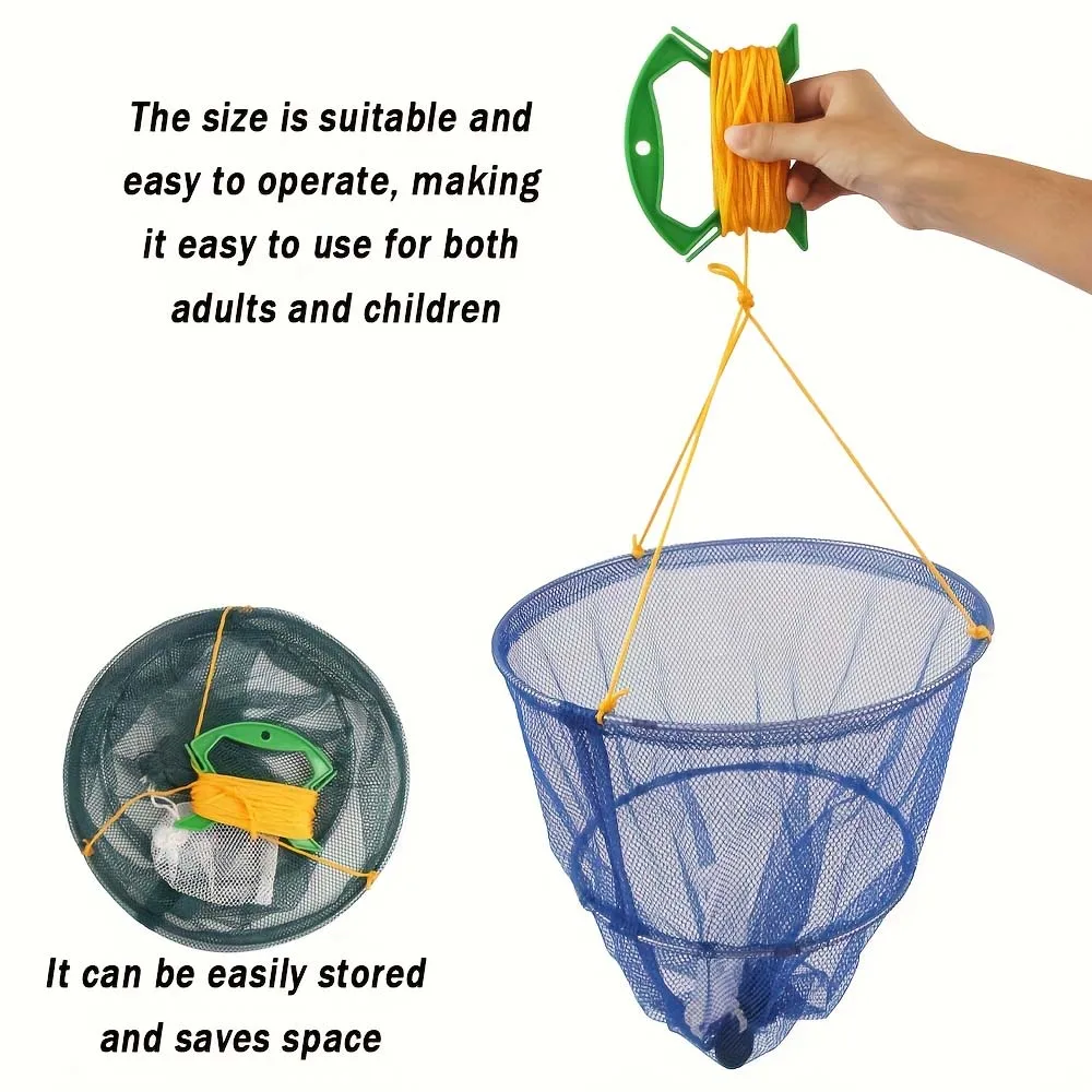 JSFUN 1pc Pink Orange Green Blue Four Color Fishing Net Portable Crab Drop Net Trout Folding Net with Net Bait Bag Rope - view 3