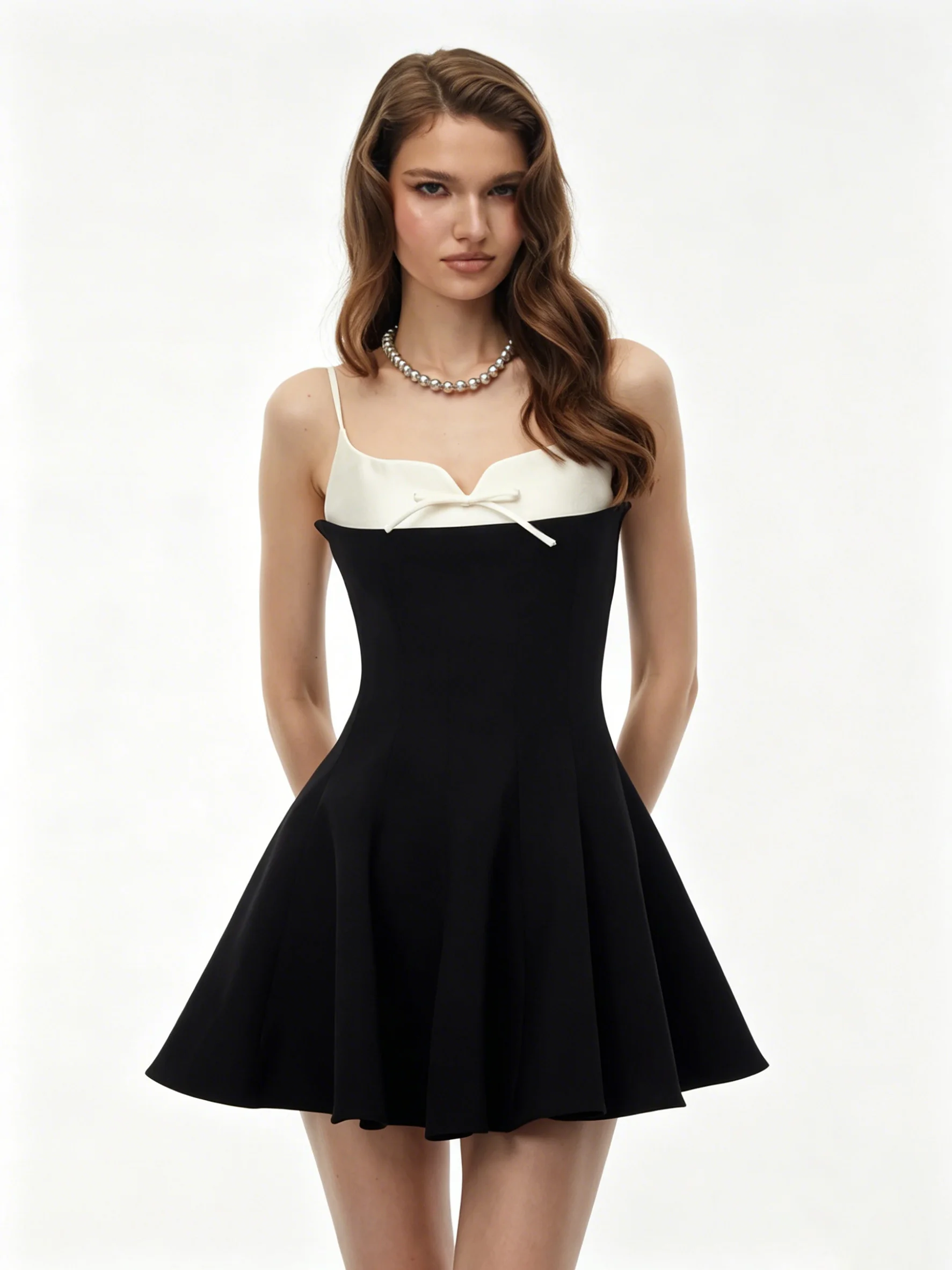 Princess Black Off-shoulder Spaghetti Straps skirt Bow Patchwork High Waist Puffy Mini Puffy Dress French Chic Sexy Outfits