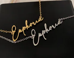 Stainless Steel Cute Cursive Letter Euphoria Necklace for Happiness Elation Gaiety Emotion Script Word Chain Clavicle Choker