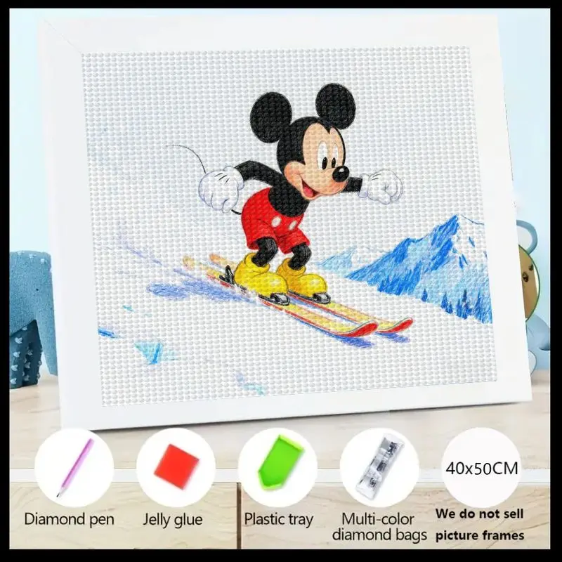 

1PC Disney Mickey Mouse Skiing 5D Full Drill Diamond Painting Kit, DIY Cute Cartoon Winter Sports Snow Mountain Crystal Rhinesto