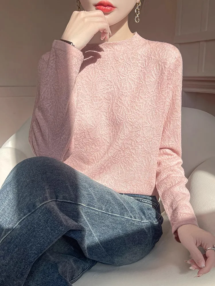 Primavera 2025 feminino pesado bordado longo sve f gola alta base irt sli malhas roupa interior commute sle