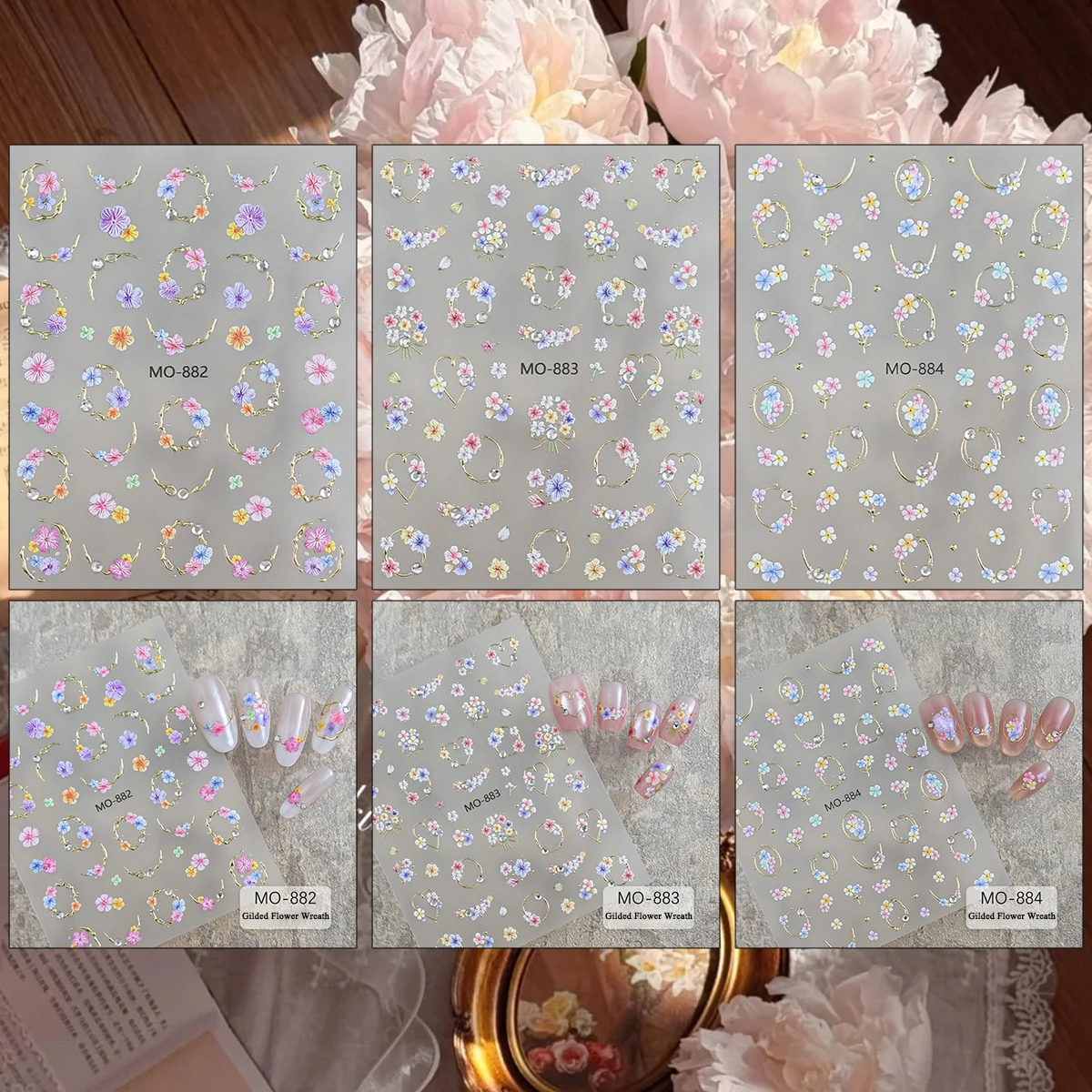 3/6/12 Sheets 5D Gold Floral Wreath Crystal Rhinestone Heart Garland French DIY Manicure Nail Art Stickers