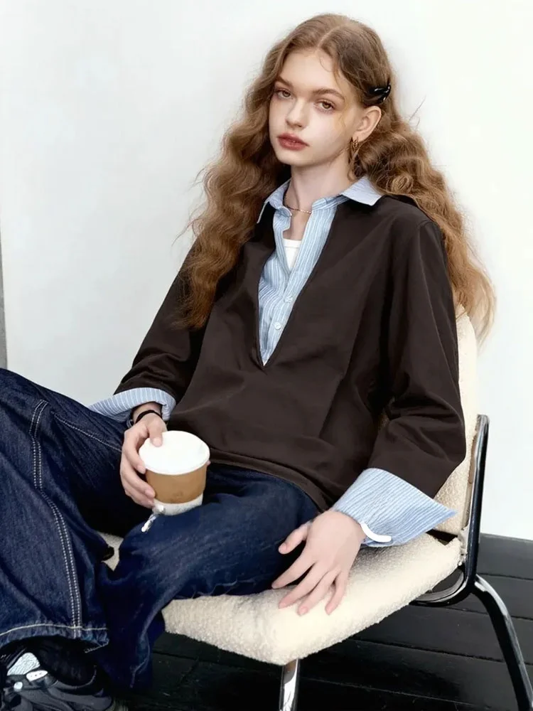 

Синяя вязаная свободная миди-рубашка ZhuoZhi с эффектом двухслойности, в стиле пэчворк, с длинными рукавами, для повседневной носки, модная, осенняя новинка