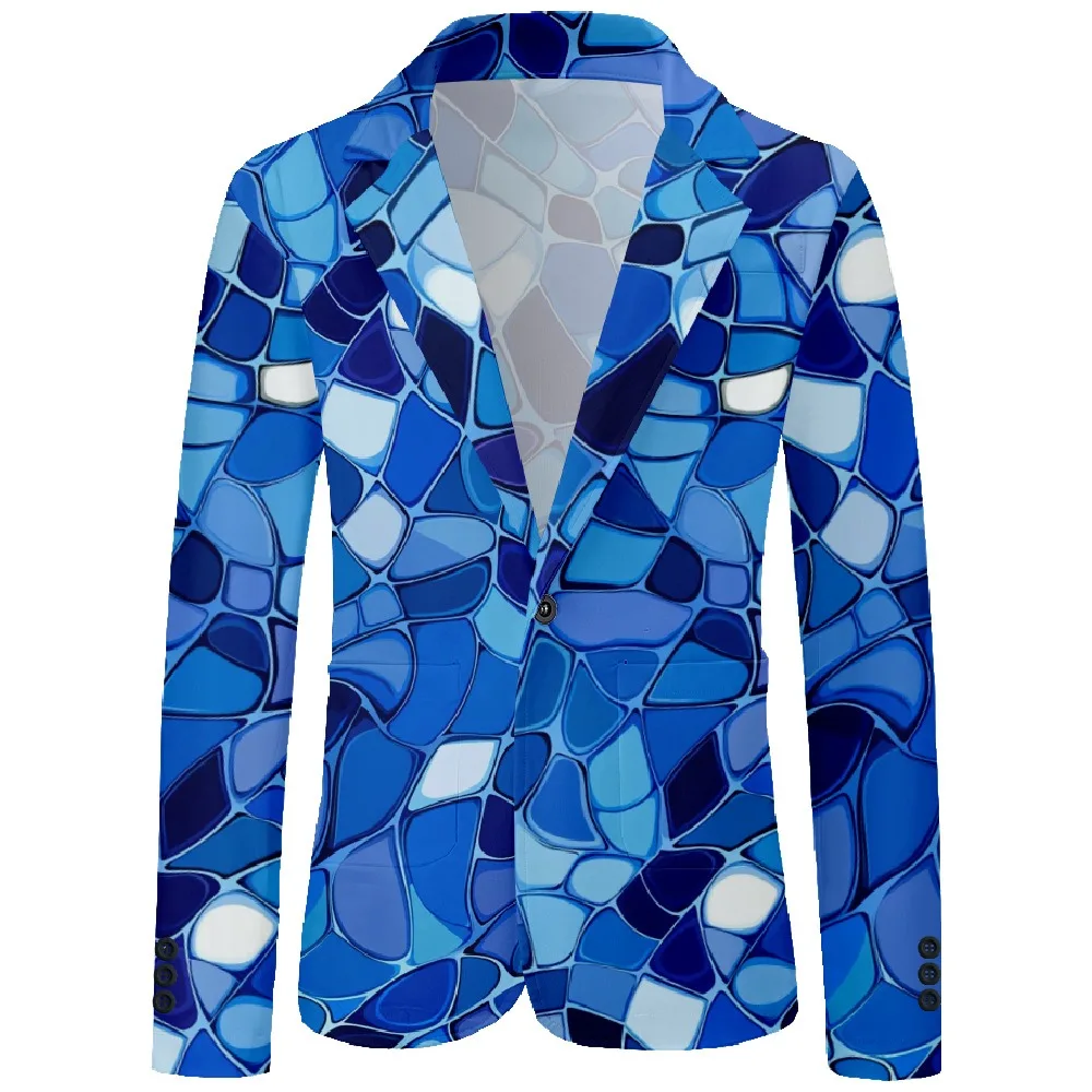 

Mens Blazer Blue Geometric Printed One Buttons Casual Trendy Coat Lightweight Business Jacket Slim Fit Blazers Plus Size 9XL