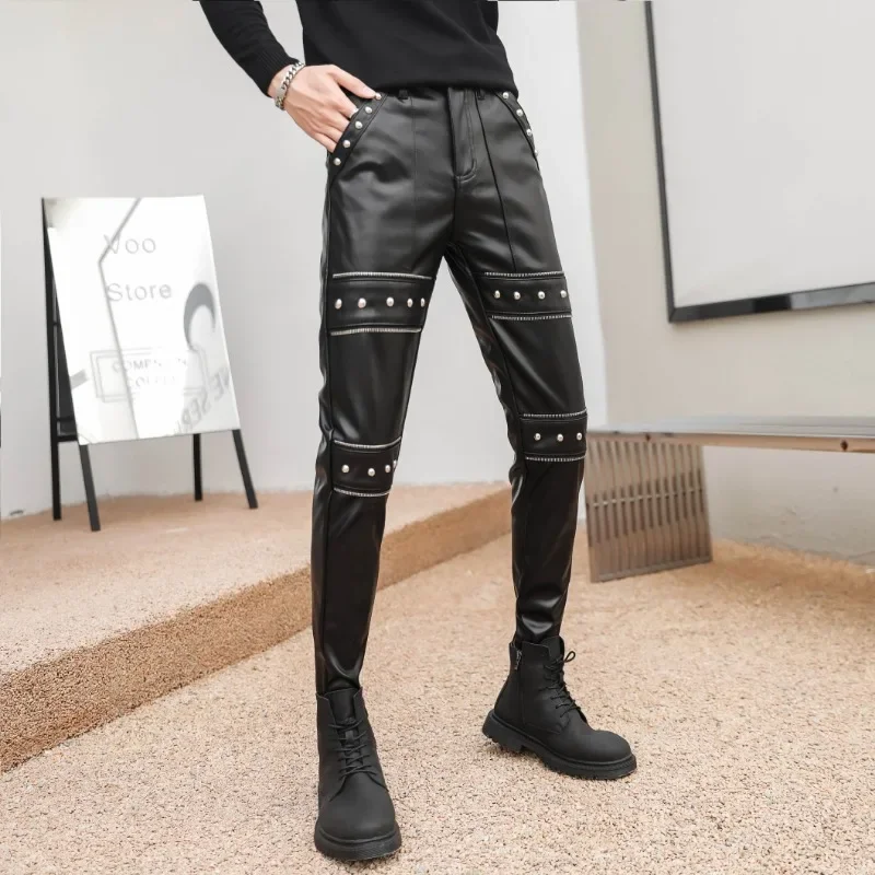 2025 New Arrived Skinny Biker Leather Pants Mens New Faux Leather Biker Trousers for Male Trouser Stage Club Wear