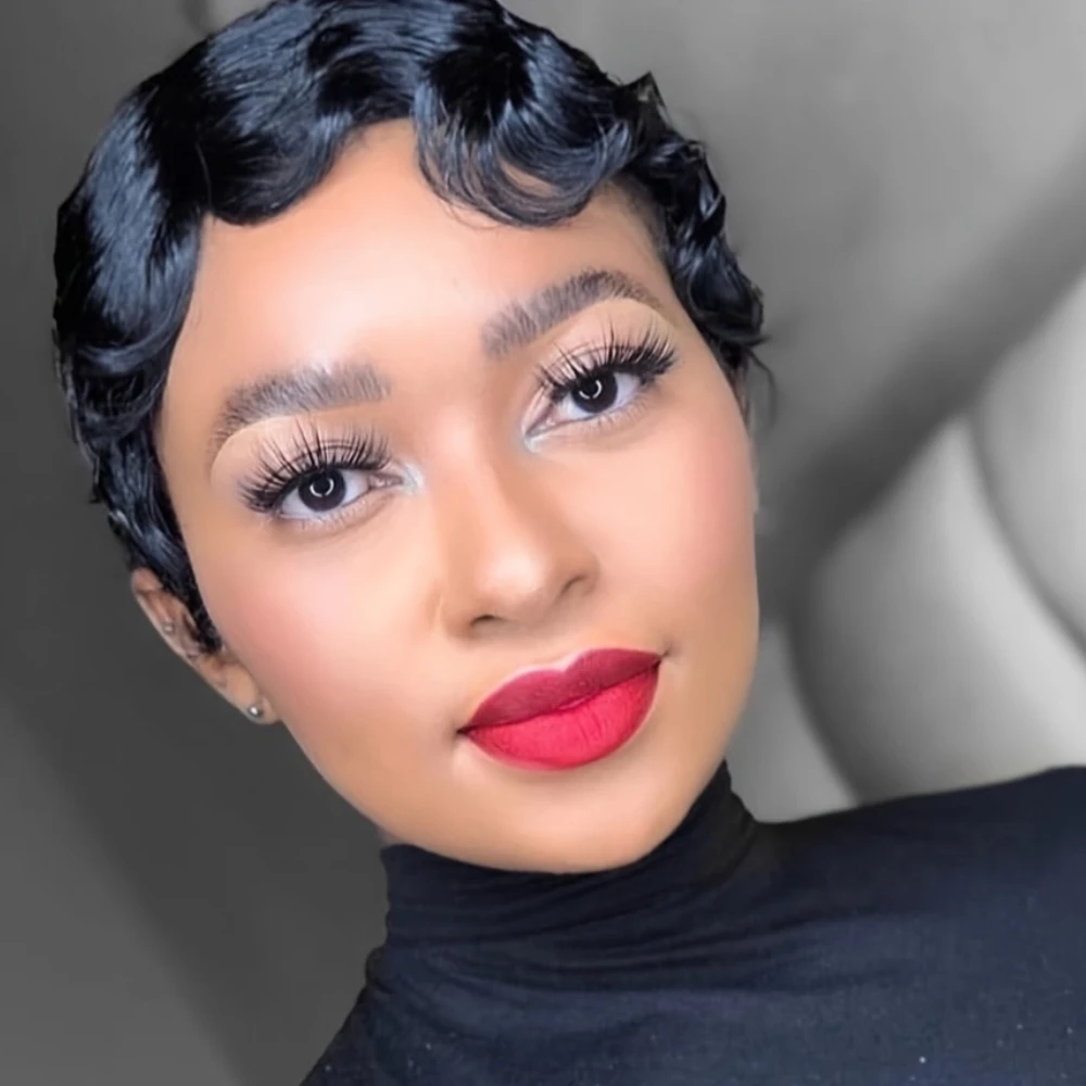 カーリーウェーブフィンガーウェーブピクシーカットウィッグ 女性用 150%密度 6インチ人毛ウィッグ 女性用 フルマシンメイドウィッグ