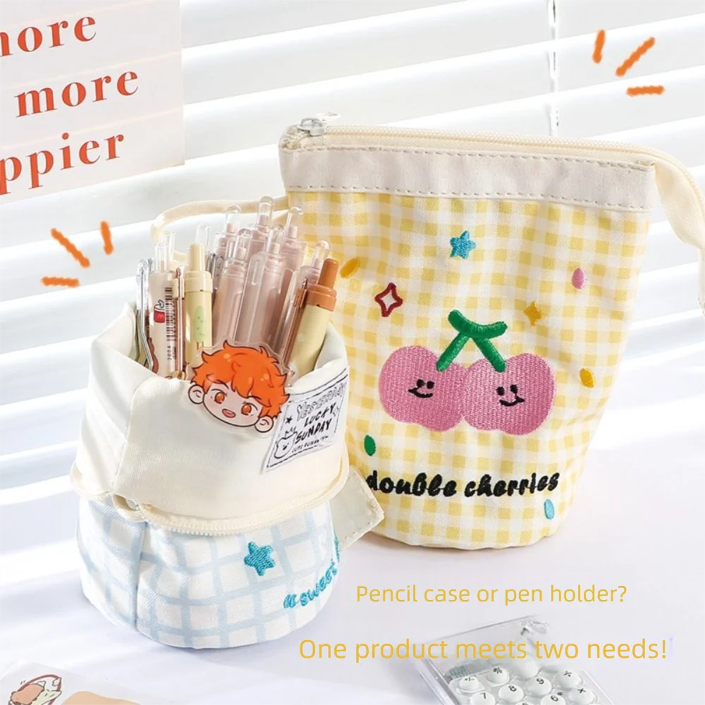

New Portable Plaid Pen Bag Dopamine Large Capacity Cute Pencil Case Contrast Color Vertical Pen Holder