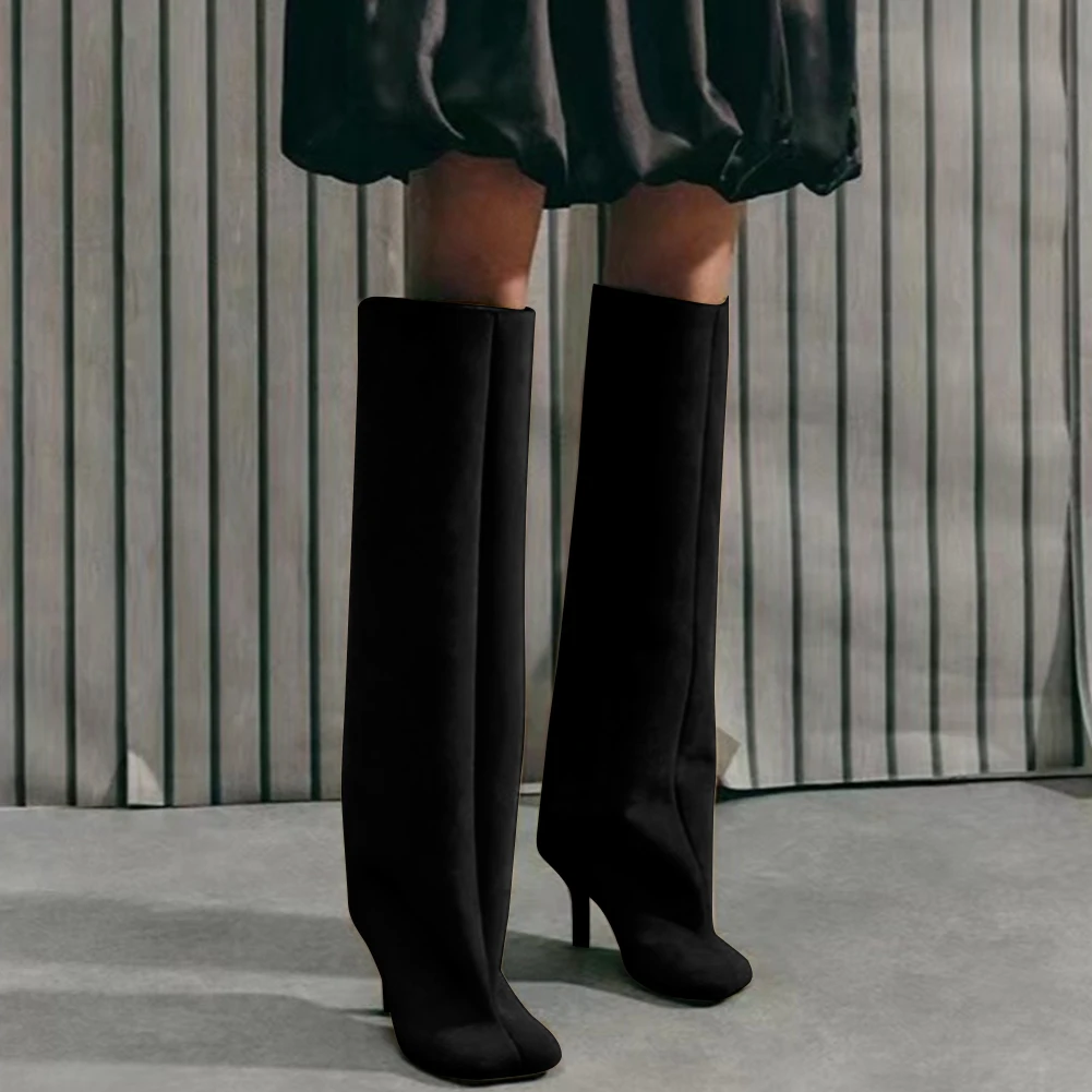 النساء حذاء برقبة للركبة ساحة تو أحذية طويلة جميع المتطابقة واسعة العجل خنجر الأحذية سحب على أحذية عالية الكعب لخريف شتاء #1