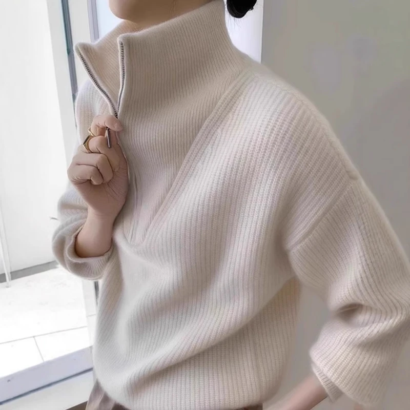 

Temperament Zipper Semi-high Neck Sweater Autumn Loose Lazy Wind Women's Casual Sweater Coat