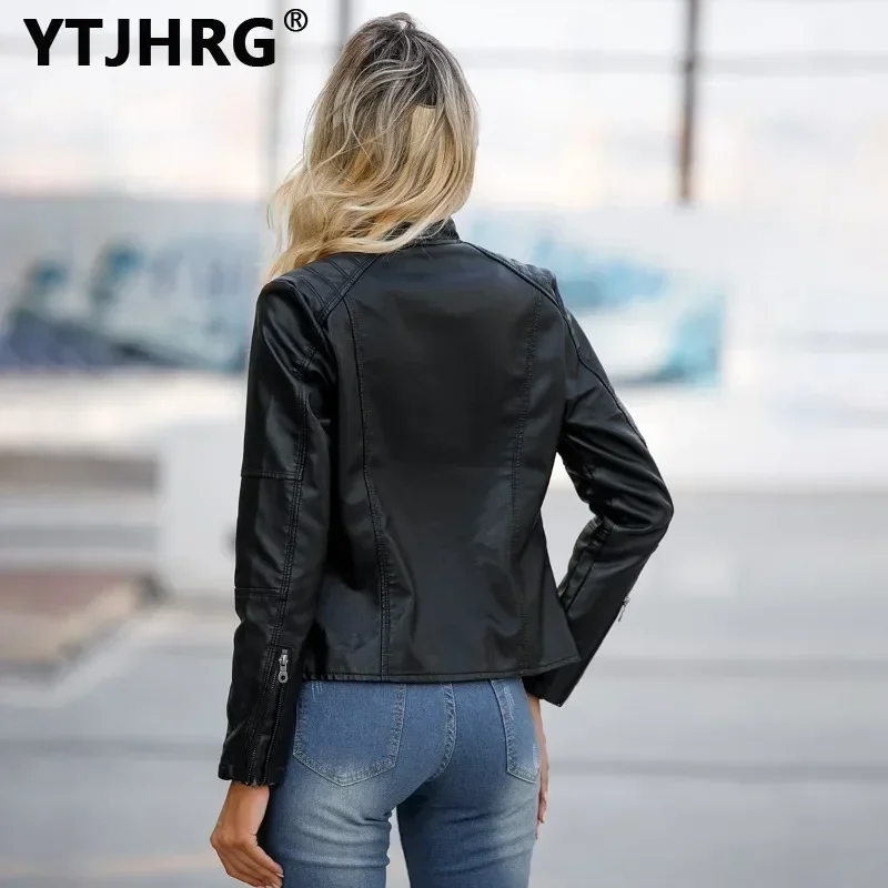 YTJHRG Women\'s Jackets Female Clothing Coats Leather Ladies Autumn Winter Long Sleeve Stand Collar PU Ride Tops Zipper 2024 New