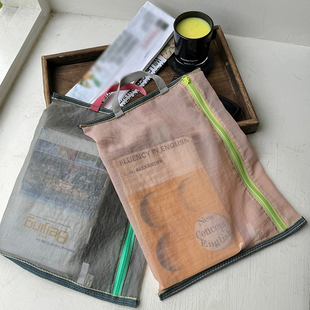 Translucent Mesh Nylon Storage Bag Portable Zipper Handbag Functional Cosmetic Pouch Pencil Case Documents Paper Organizer