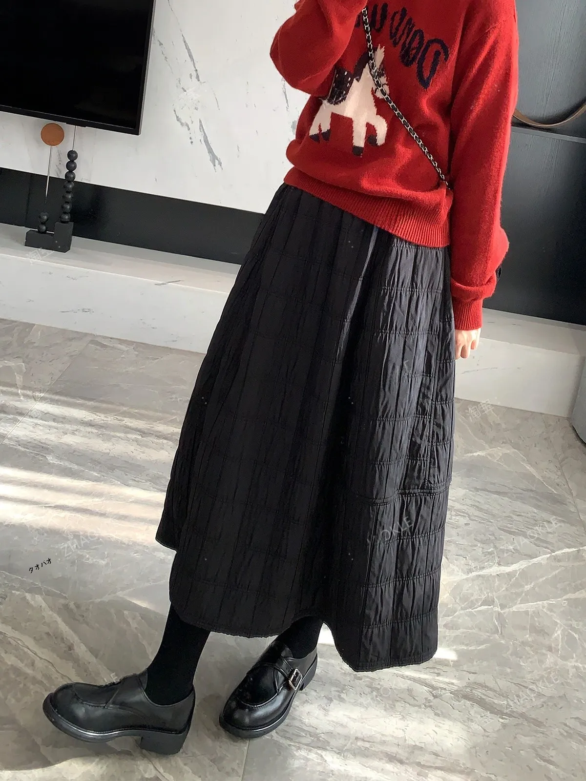 

High Waist A-Line Skirt Double Stitched Plaid Fabric Thick Cotton Lined Mid-Length Winter Fashion Ladies Commute Skirt
