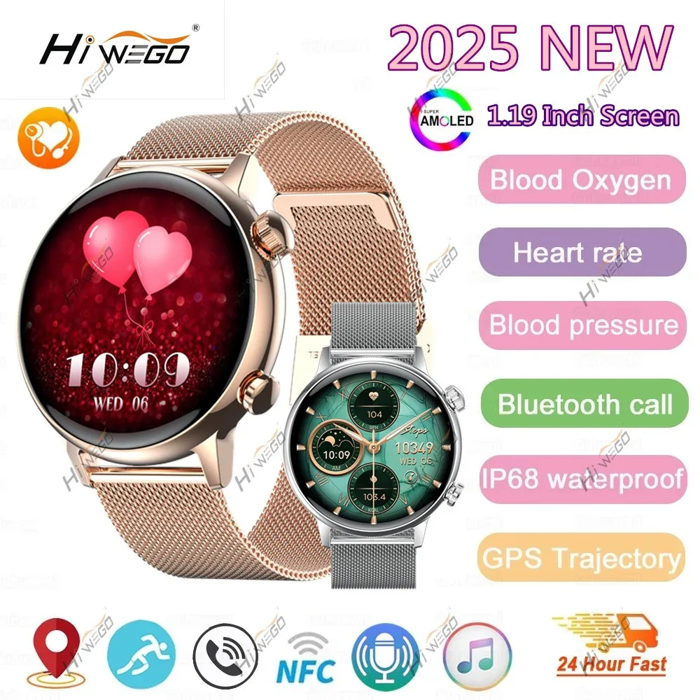 

2024 Новые GPS Смарт-часы для женщин True AMOLED 360*360 HD Экран Трекер здоровья Спортивные NFC Голос Bluetooth Вызов Смарт-часы Женские