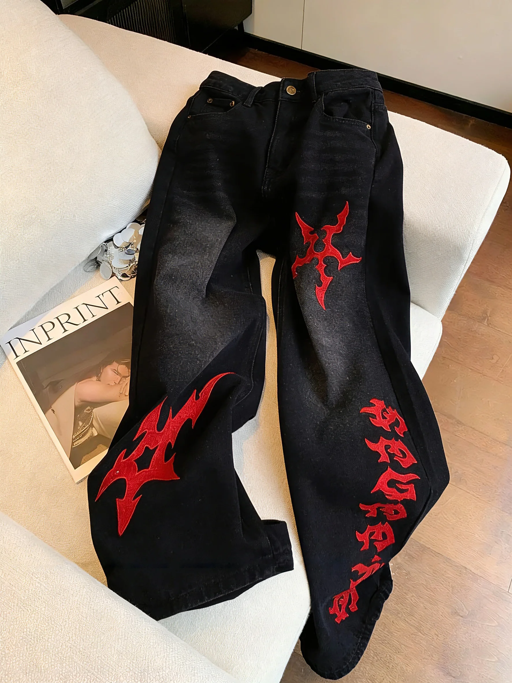 

Уникальные винтажные джинсы с принтом, с высокой талией, широкими штанинами, прямые, повседневные, длинные брюки для женщин, весна-лето, с эффектом похудения