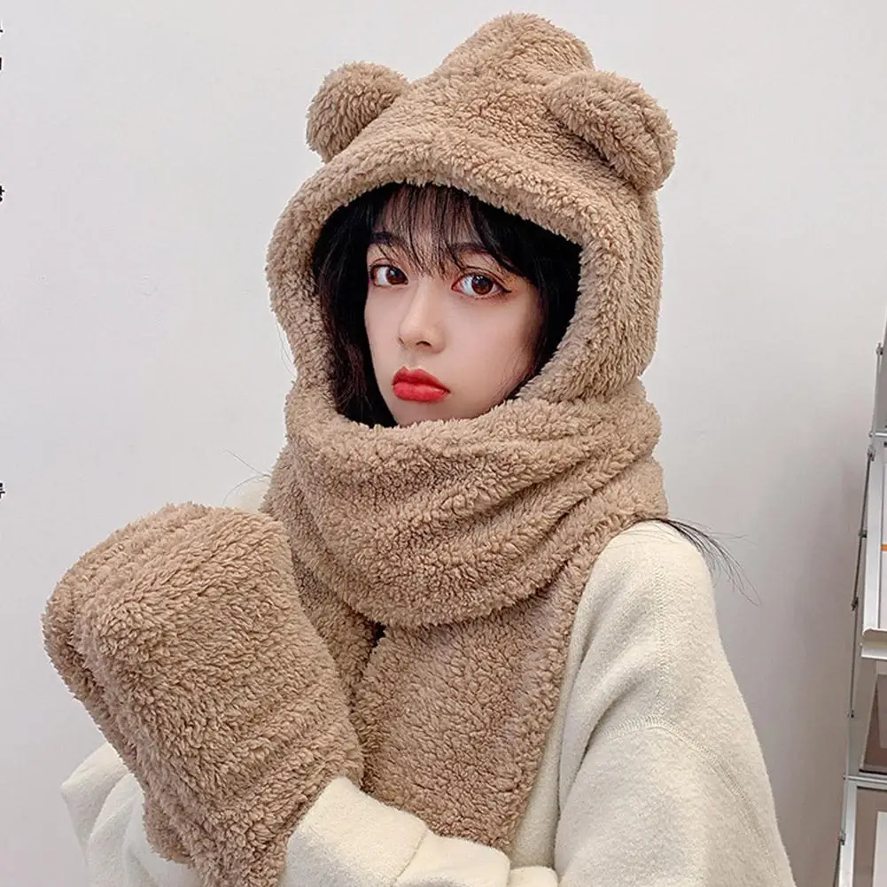 New Women's Winter Hats Scarves Gloves 3-in-1 Cute Style TK Same Style Warm Scarf Small Bear Hats Soft Velvet Girl's Winter Gift