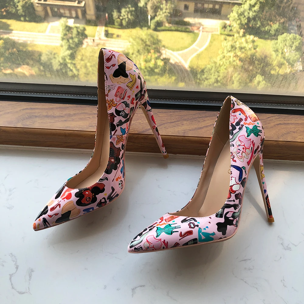 Tikicup Fashion Printed Women Pointy Toe High Heel Shoes for Floral Dress White Patent Leather Stiletto Pumps Plus Size 33-45