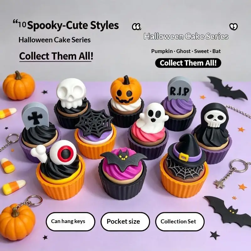 3D Printed Spooky Cute Cupcake Clicker Fidget Halloween Keychain Fingertip Press Decompression Toy For Halloween Party Gifts