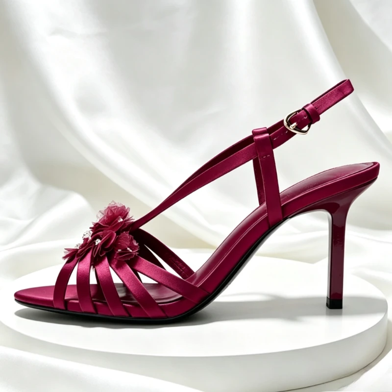 Bling Crystal Flowers Decorated Stiletto Sandals Women Elegant Burgundy Satin Slingback Heels Sexy Open-toe Buckle Designer Shoe view 6